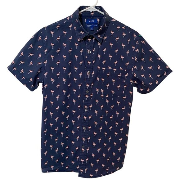 Apt. 9 Other - Apt 9 Men’s Small Shirt Slim Fit Premier Flex Short Sleeve Navy with Flamingos‎